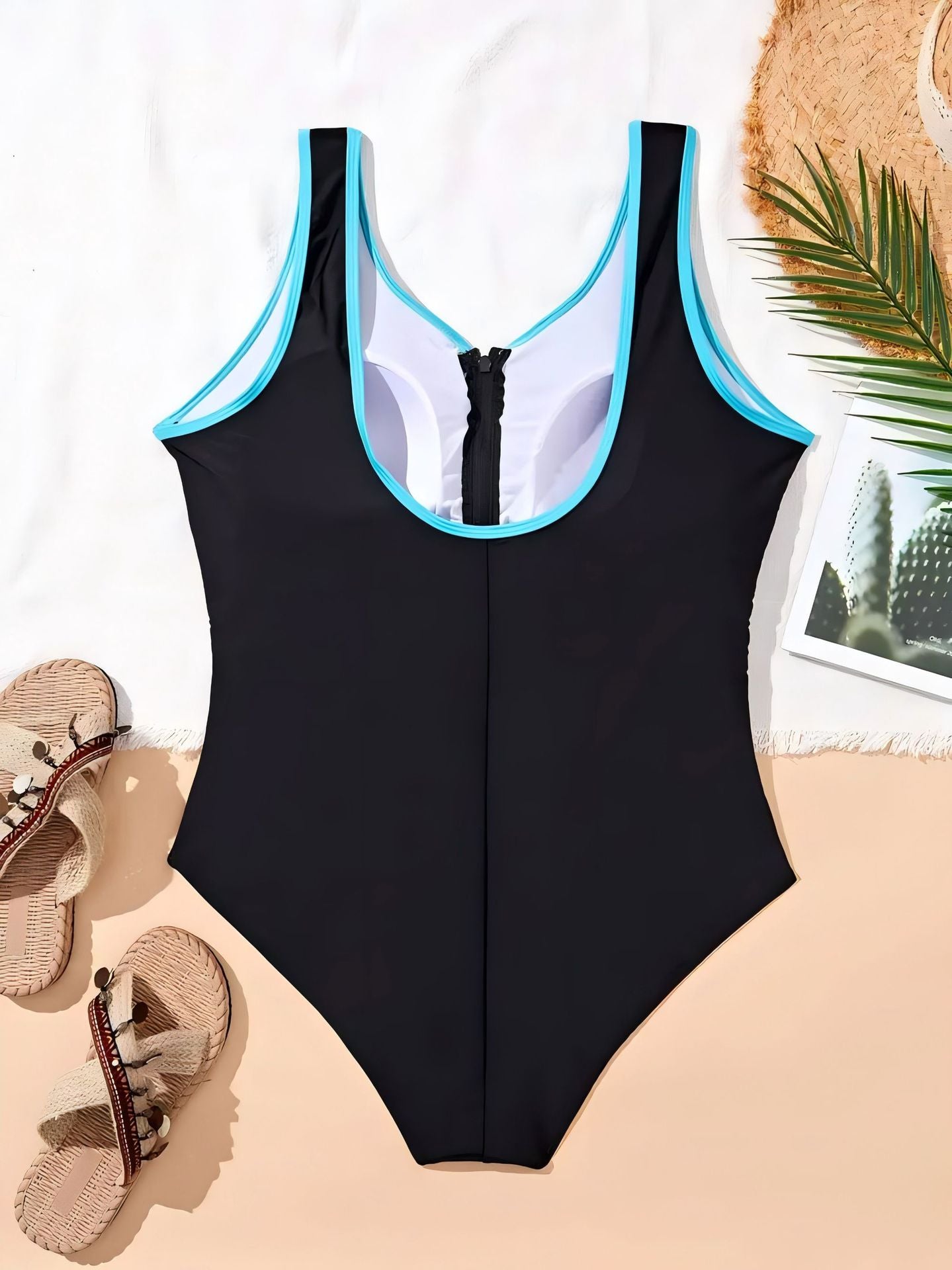 One-Piece Swimsuit, European and American Style, Plus Size, Black and Blue Color-Blocking, Front Zipper, Slimming Swimsuit, Waist-Cinching, Tummy-Covering, for Plus-Size Women, Hot Spring Swimwear