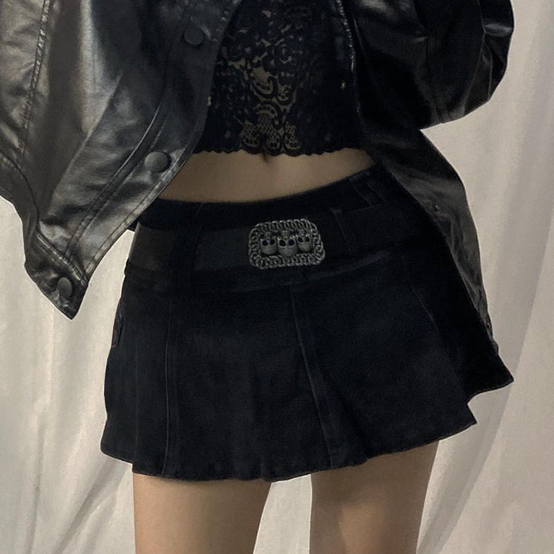 AltGoth Harajuku Y2k Denim Skirt Women Dark Gothic Streetwear Mini Skirt with Skull Belt Mall Goth Punk Grunge Sexy Emo Clubwear