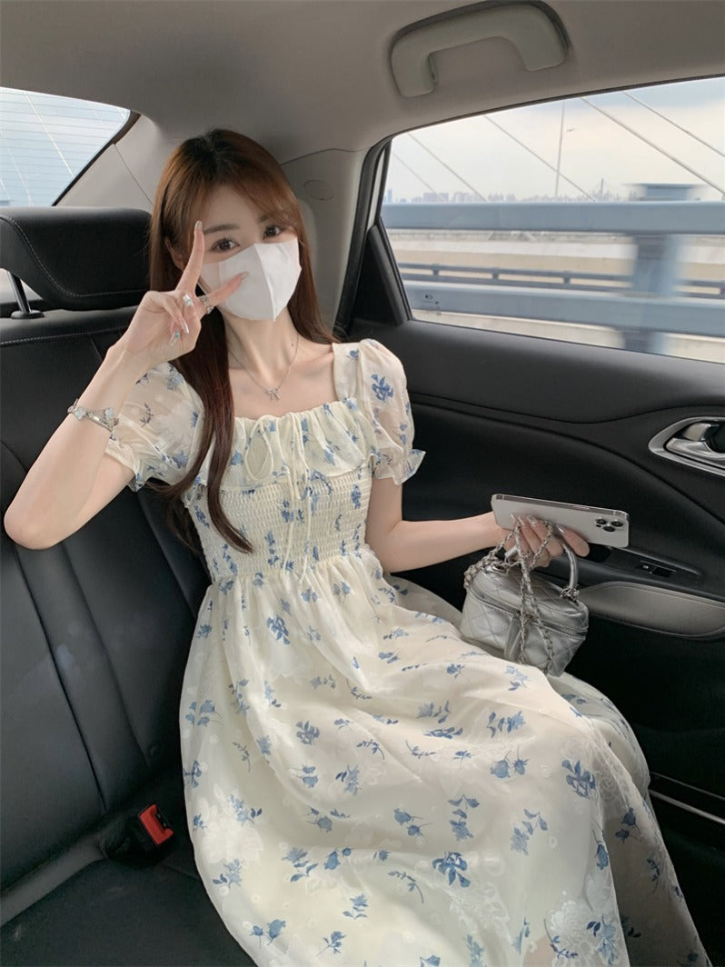 Gentle Floral Dress for Women, Summer 2026 New Chiffon Seaside Vacation First Love Dress, Puff Sleeve Long Dress