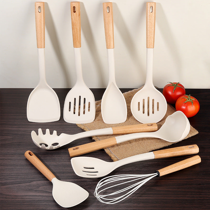 10-Piece Silicone Kitchen Utensil Set with Beech Wood Handles