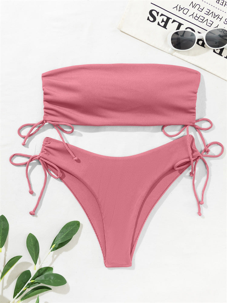 European and American Tube Top Bikini Swimsuit for Women 2024 New Pure Color Sexy Huludao Swimsuit Split Swimsuit High-End