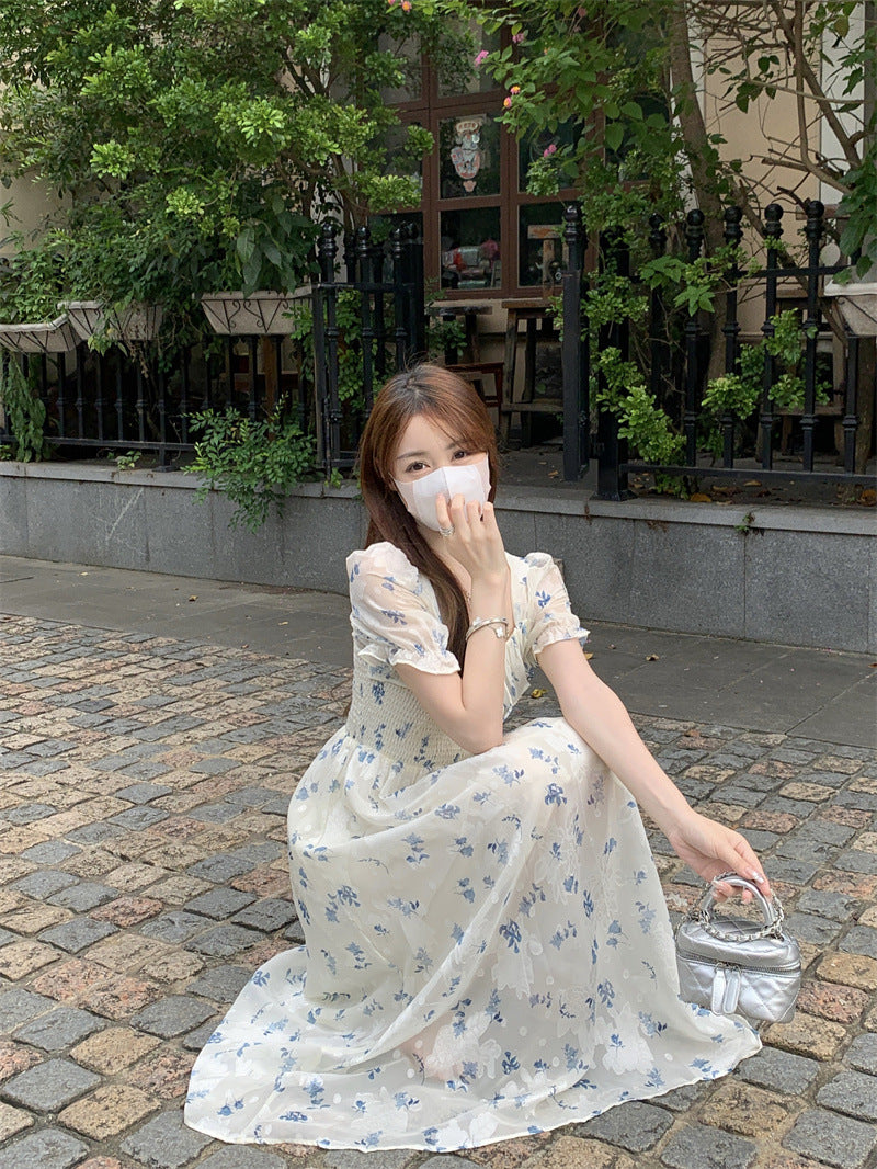 Gentle Floral Dress for Women, Summer 2026 New Chiffon Seaside Vacation First Love Dress, Puff Sleeve Long Dress