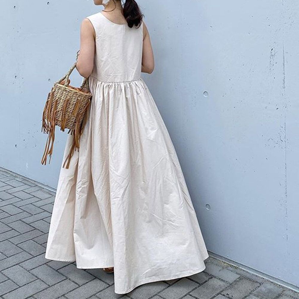 In-Stock Korean 2026 Season New Style Loose Sleeveless Dress with a Large Hem, Slimming Mid-Length Dress with Patchwork Design