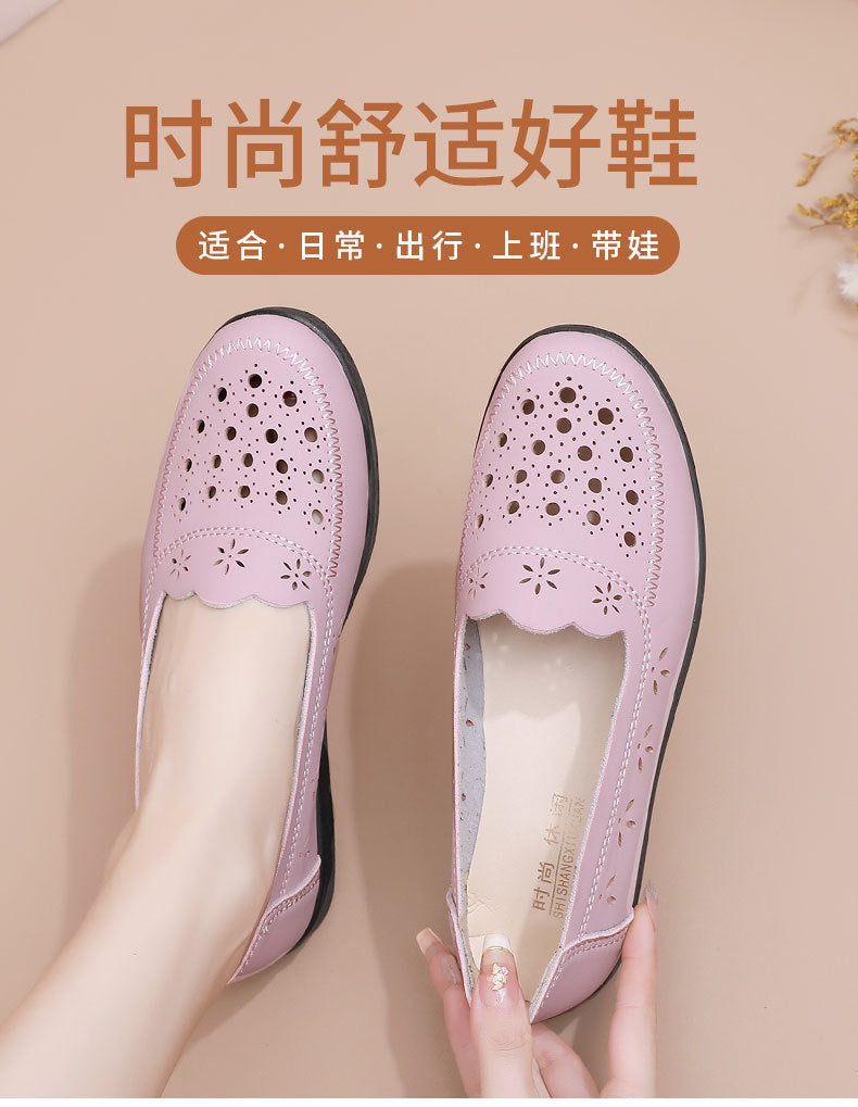 Spring Mom Shoes Sandals Soft Sole Comfortable Flats Hole Hollow Flats Shoes Middle-Aged and Elderly Women's Shoes Elderly Grandma Leather Shoes