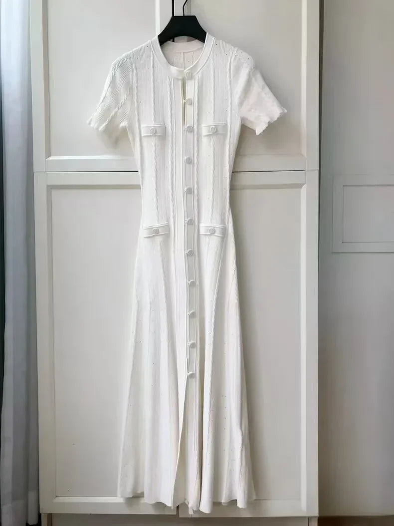 2026 New French-Style Elegant Socialite Short-Sleeve Knit Dress with Hollow-Out Ribbed Design and Single-Breasted Slim-Fit Long Dress