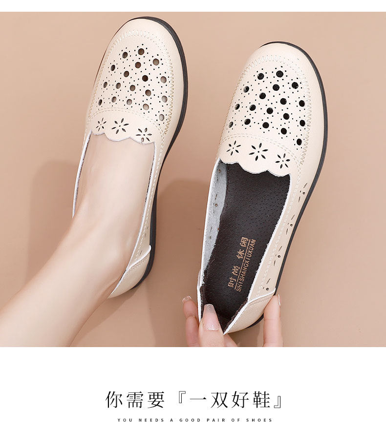 Spring Mom Shoes Sandals Soft Sole Comfortable Flats Hole Hollow Flats Shoes Middle-Aged and Elderly Women's Shoes Elderly Grandma Leather Shoes