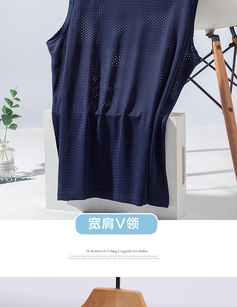Summer ice silk mesh vest men's sports fitness quick-drying hollow undershirt wide shoulder waistcoat sleeveless T-shirt wholesale