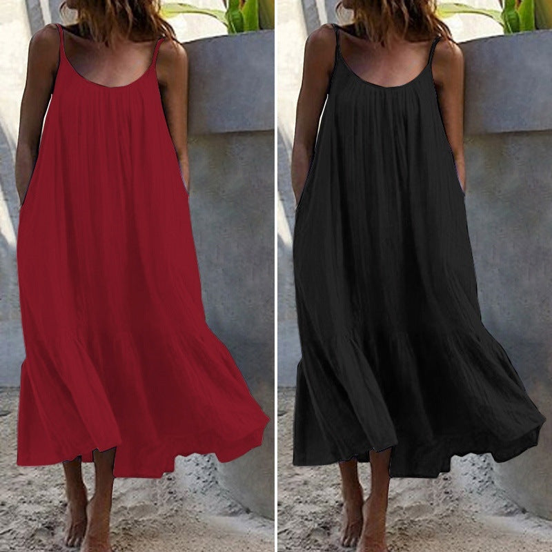 2024 Summer European and American New Ruffled Solid Color Long Dress Sleeveless Loose Thin Shoulder Strap Dress Summer dress