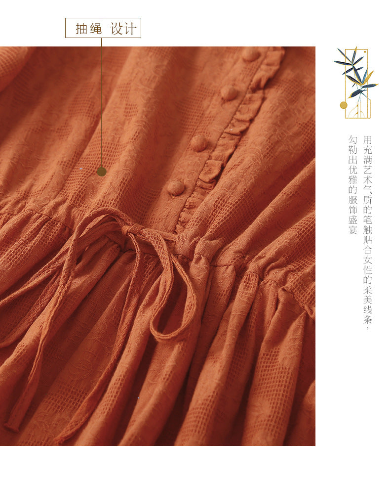 Ethnic Style Cotton and Linen Embroidered Dress Women's 2023 Summer Long Loose Style Lace Collar Short-Sleeved Over-the-Knee Long Dress