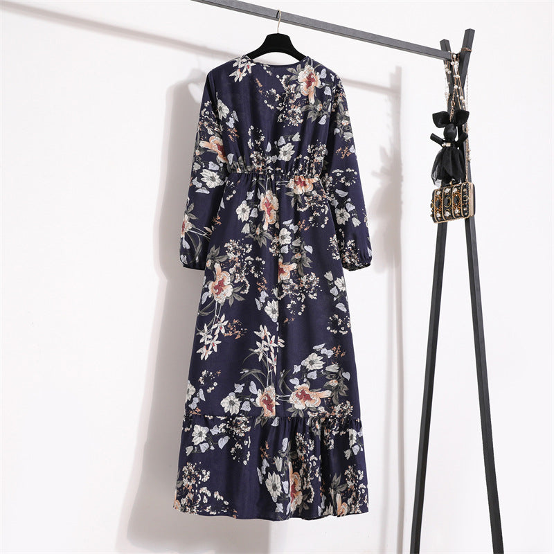 Cross-border Foreign Trade Floral Chiffon Long Dress Women's Spring Dress Long Sleeve Crewneck Base Skirt Waist Slim Long Dress