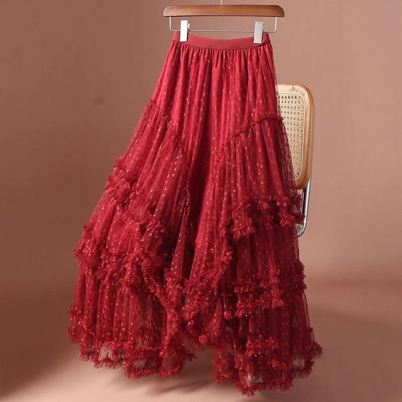 2026 Mesh Heart Printed Skirt Women Elastic High Waist Skirt Elegant Tulle A Line Ruffle Party Skirt Long Summer Saia Feminina