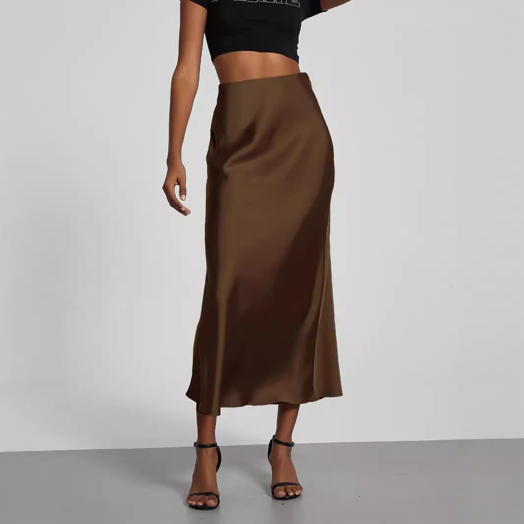 Cross-border women's clothing wholesale European and American style fashion temperament satin texture skirt Joker solid color glossy mid-length skirt