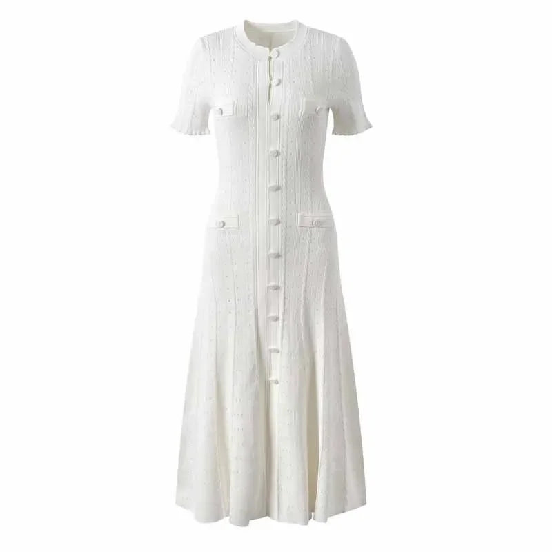 2026 New French-Style Elegant Socialite Short-Sleeve Knit Dress with Hollow-Out Ribbed Design and Single-Breasted Slim-Fit Long Dress