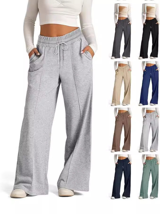 Cross-Border Export Amazon Temu2024 Spring and Summer European and American Style Pure Color Casual Wide-Leg Drawstring Elastic Waist Sweatpants