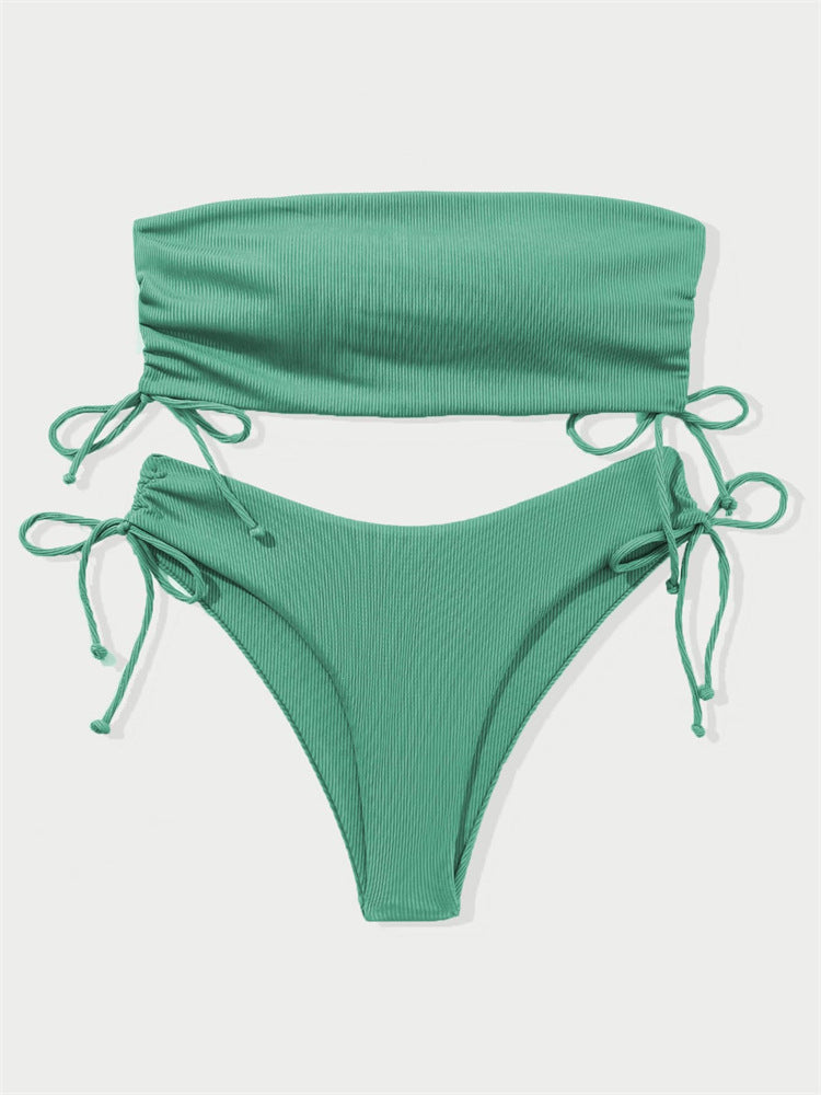 European and American Tube Top Bikini Swimsuit for Women 2024 New Pure Color Sexy Huludao Swimsuit Split Swimsuit High-End
