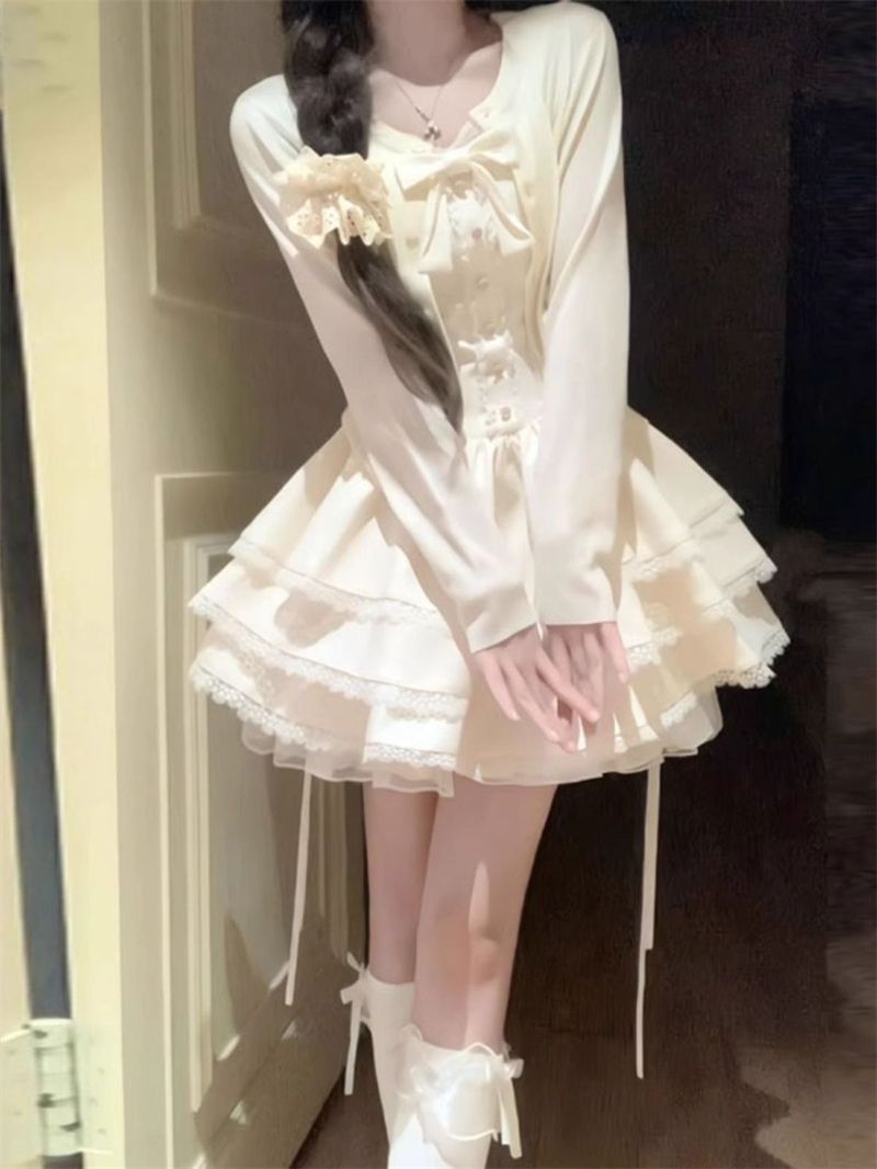 Early Spring Outfit for Petite Women: Pure and Desirable Style, High-End Cardigan Jacket, Puffy Cake Dress Two-Piece Set