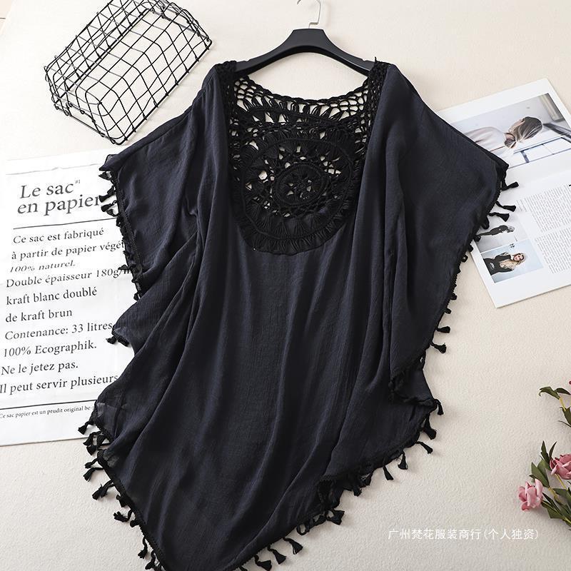 Cross-border new holiday hook solid color stitching European and American beach skirt small tassel sunscreen short sexy beach blouse