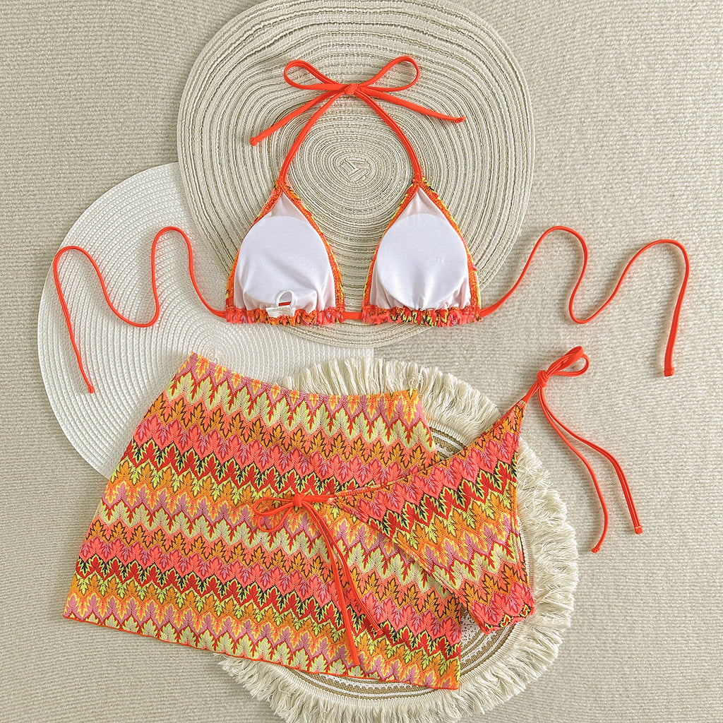 2025 European and American New Embroidered Gradient Sexy Three-Piece Swimsuit Swimsuit Bikini Bikini Cross-Border Export