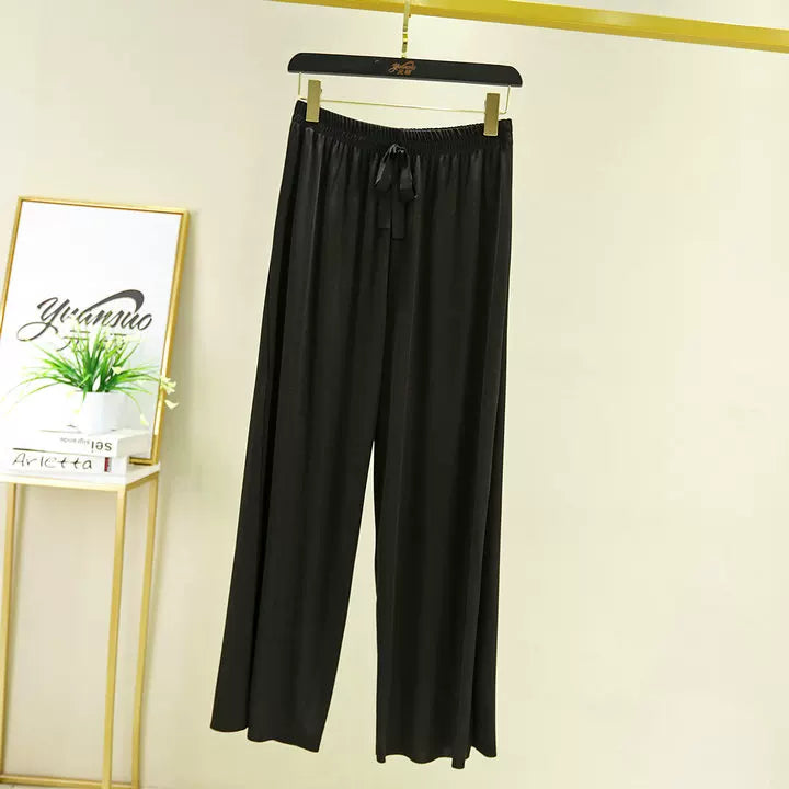 Korean style high waist drawstring lace-up ice silk seamless straight slimming wide-leg pants summer thin draping casual trousers