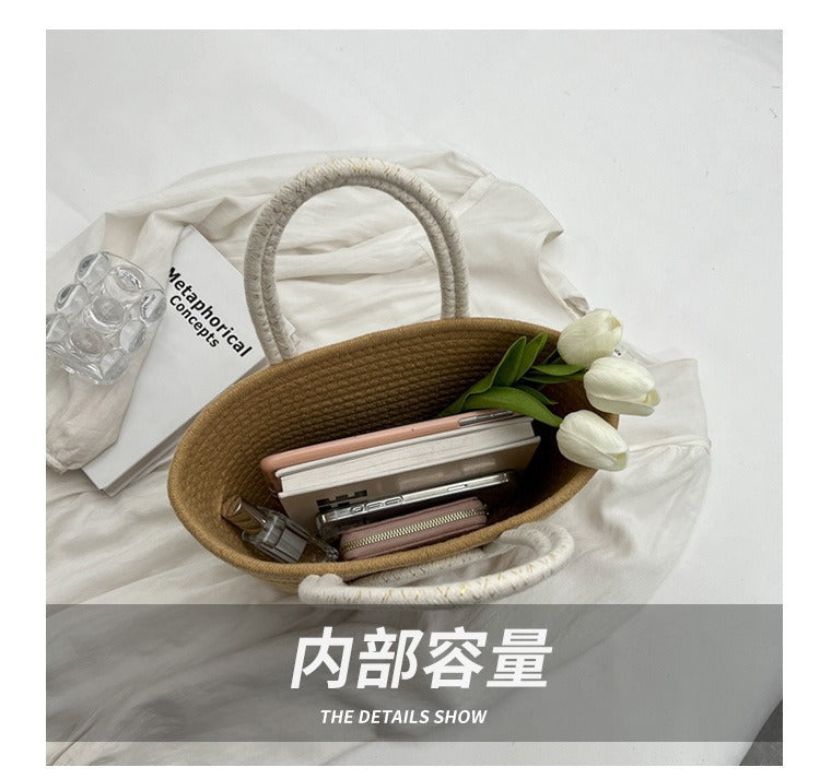 Contrast Cotton Rope Woven Handbag Women's Bag Korean Style Bag New Large Capacity Stylisse Handbag All-match Tote Bag