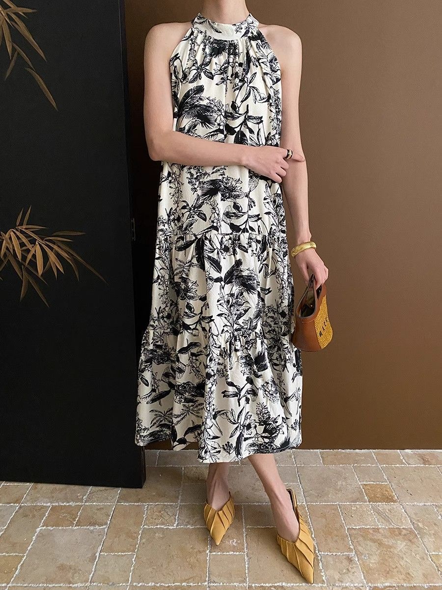 French Ink Print Sling dress Summer 2024 New Elegant Cool Beach Seaside Holiday Midi Dress