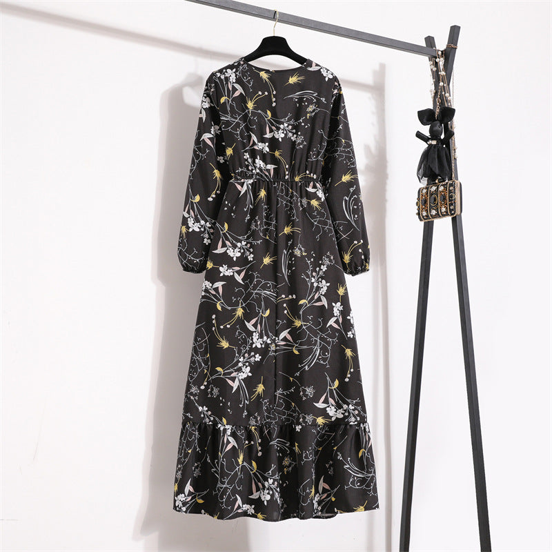 Cross-border Foreign Trade Floral Chiffon Long Dress Women's Spring Dress Long Sleeve Crewneck Base Skirt Waist Slim Long Dress