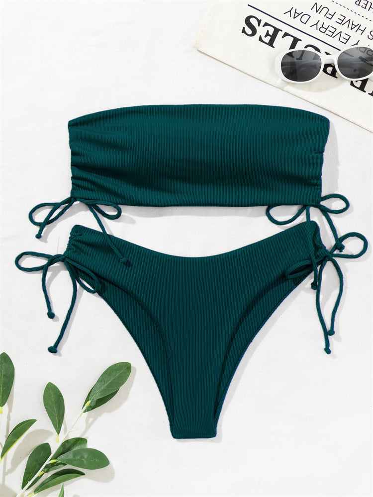 European and American Tube Top Bikini Swimsuit for Women 2024 New Pure Color Sexy Huludao Swimsuit Split Swimsuit High-End