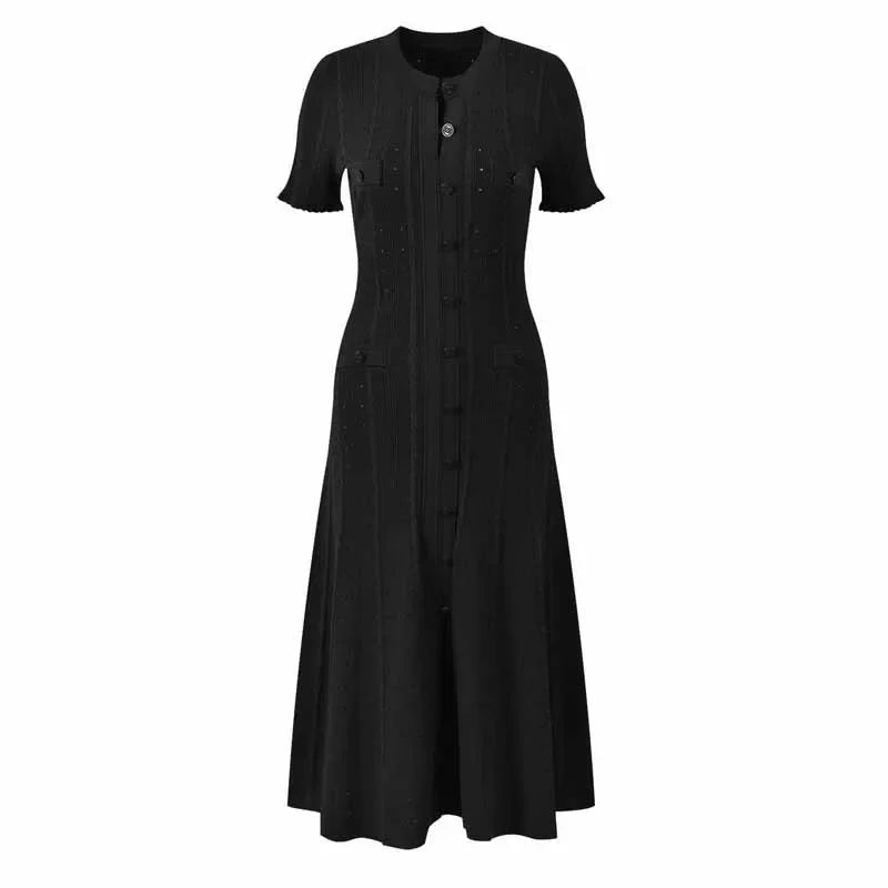 2026 New French-Style Elegant Socialite Short-Sleeve Knit Dress with Hollow-Out Ribbed Design and Single-Breasted Slim-Fit Long Dress