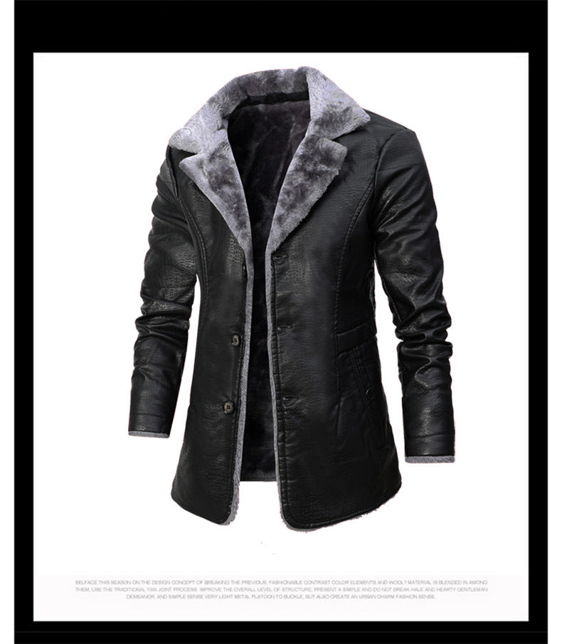 Men's Mid-Length Leather Jacket for Middle-Aged and Elderly People in Autumn and Winter Business European Size Plus Velvet Large Lapel Suit Leather Plush Jacket for Men