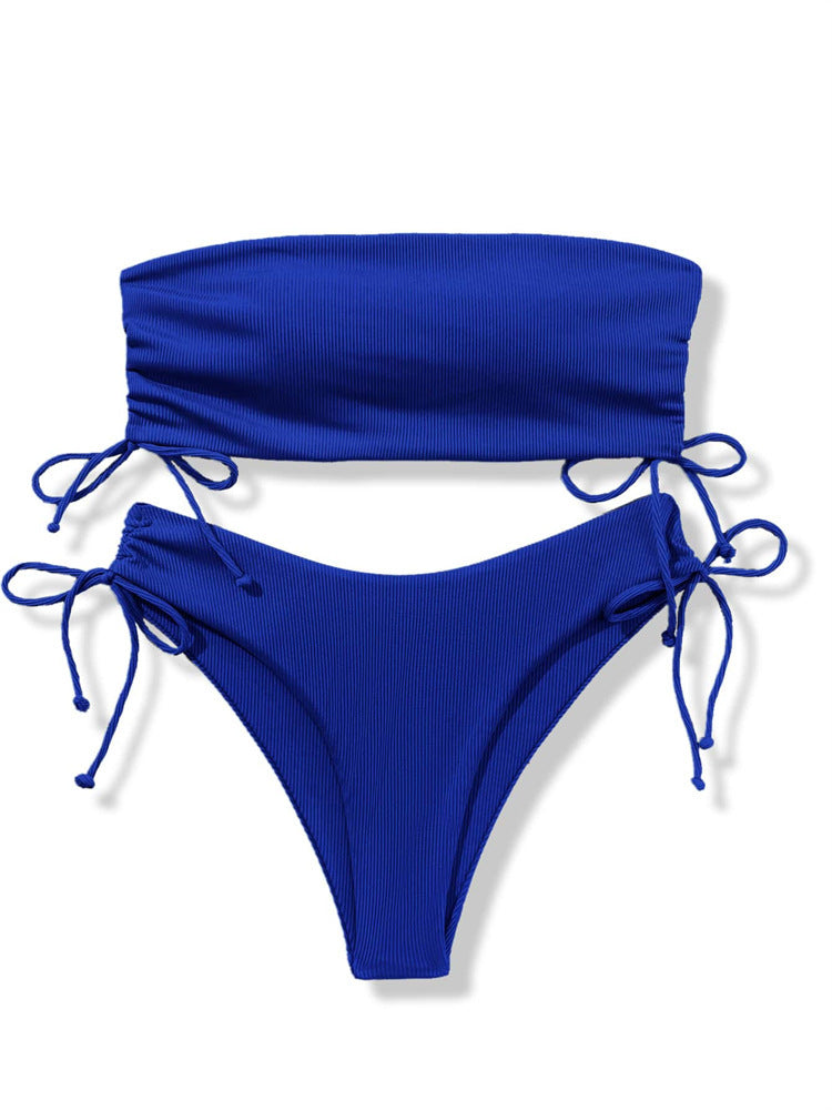 European and American Tube Top Bikini Swimsuit for Women 2024 New Pure Color Sexy Huludao Swimsuit Split Swimsuit High-End