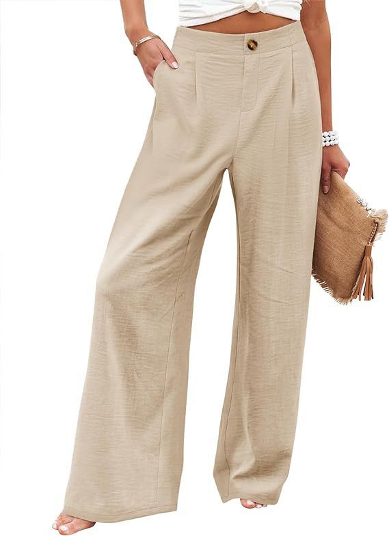 2026 Cross-Border Amazon European and American Summer Comfortable High-Waisted Long Pants with Buttons and Elastic Waist Wide-Leg Pants for Women Casual Straight-Leg Pants