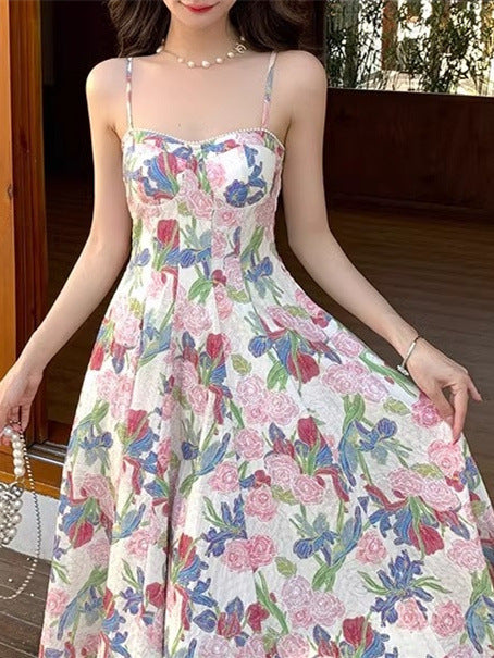 2024 New retro floral strap dress women's summer fairy beach dress high-grade mid-length dress elegant all-match