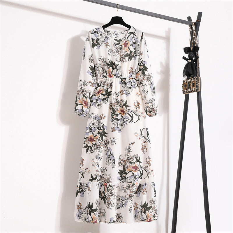 Cross-border Foreign Trade Floral Chiffon Long Dress Women's Spring Dress Long Sleeve Crewneck Base Skirt Waist Slim Long Dress