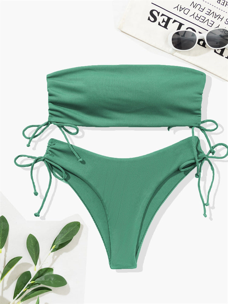 European and American Tube Top Bikini Swimsuit for Women 2024 New Pure Color Sexy Huludao Swimsuit Split Swimsuit High-End
