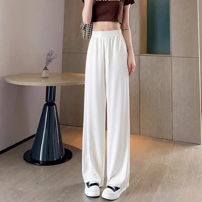 Ice Silk Thin Narrow Wide-Leg Suit Pants for Women, Summer Casual Pear-Shaped Body Slimming Drape Straight Sunscreen Pants