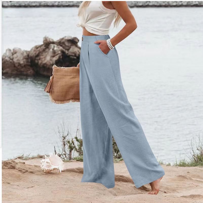2026 Cross-Border Amazon European and American Summer Comfortable High-Waisted Long Pants with Buttons and Elastic Waist Wide-Leg Pants for Women Casual Straight-Leg Pants