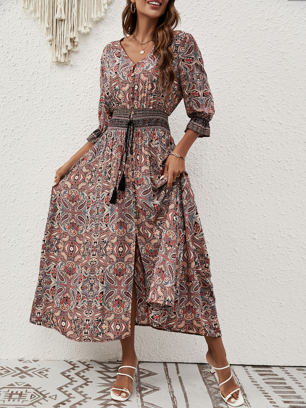 2025 Rayon Positioning Printed Three-Quarter Sleeve Waist Bohemian Women's Dress Vacation Buttoned Beach Skirt