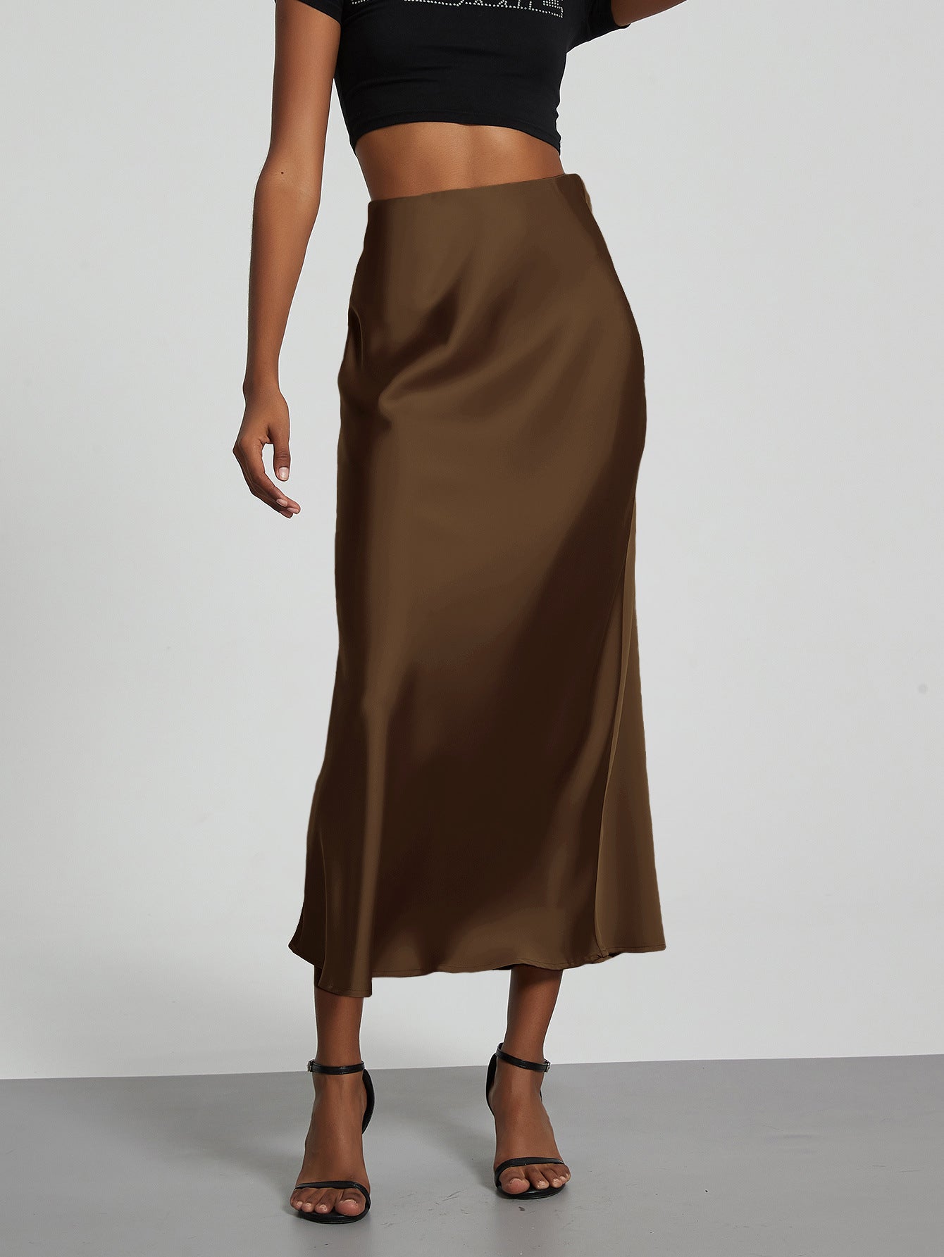 Cross-border women's clothing wholesale European and American style fashion temperament satin texture skirt Joker solid color glossy mid-length skirt