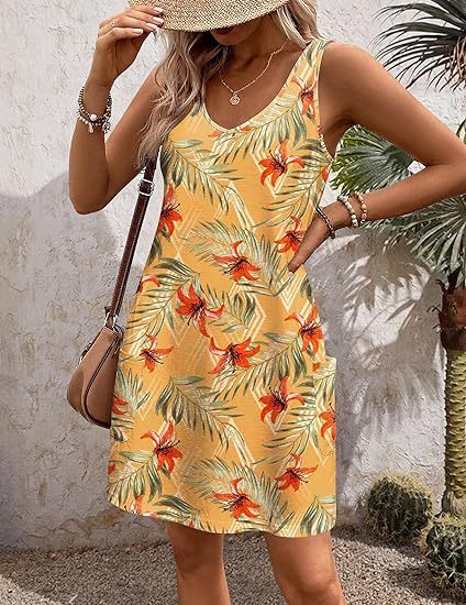 2024 summer casual vest V-neck loose dress with pockets summer bohemian beach dress floral T-shirt with pockets