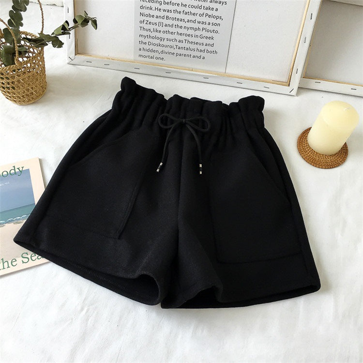 High Waist Woolen Shorts Autumn and Winter 2024 New Black Wide Leg Pants Slimming Spring Outwear Loose Casual Boots for Women