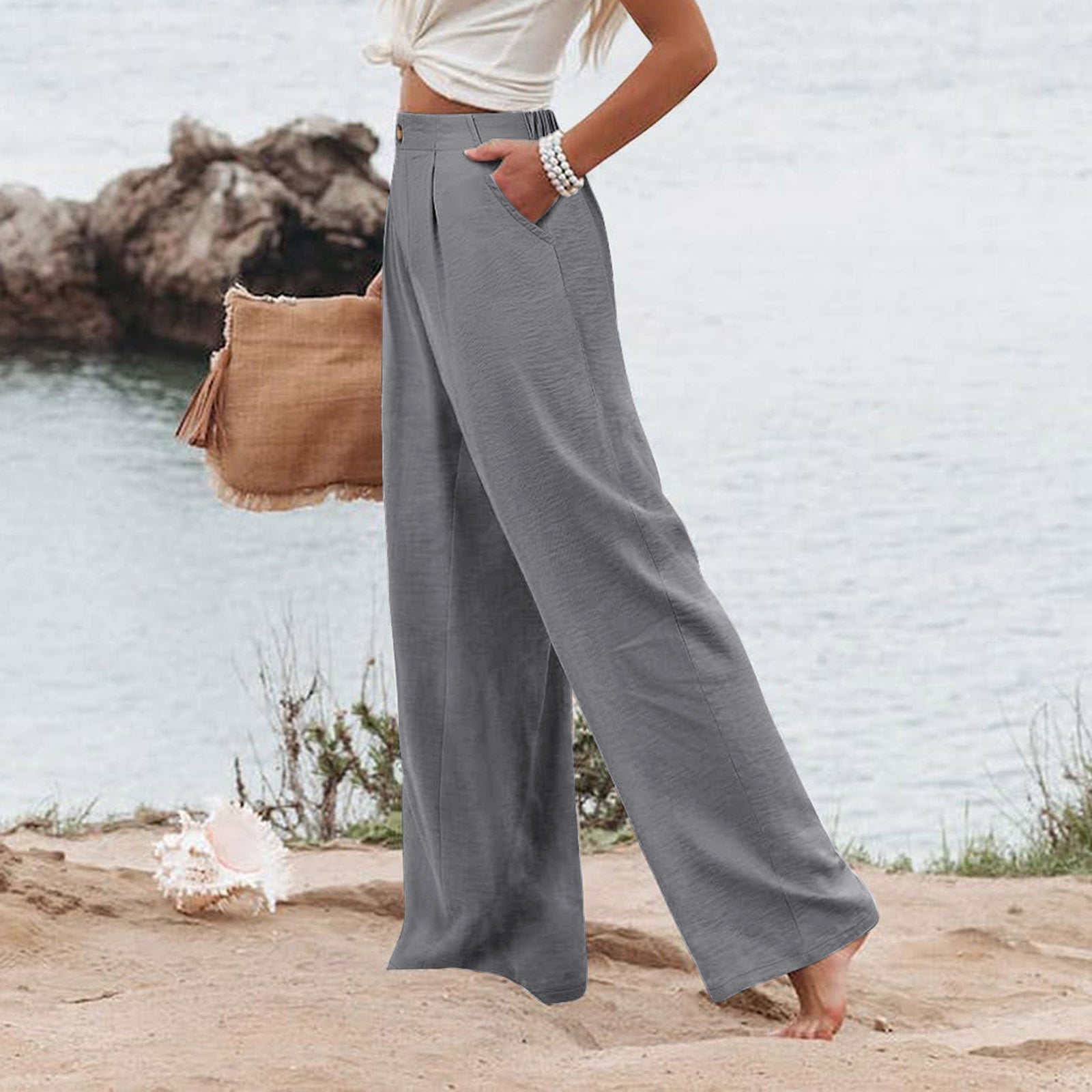 2026 Cross-Border Amazon European and American Summer Comfortable High-Waisted Long Pants with Buttons and Elastic Waist Wide-Leg Pants for Women Casual Straight-Leg Pants