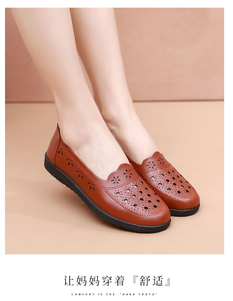 Spring Mom Shoes Sandals Soft Sole Comfortable Flats Hole Hollow Flats Shoes Middle-Aged and Elderly Women's Shoes Elderly Grandma Leather Shoes