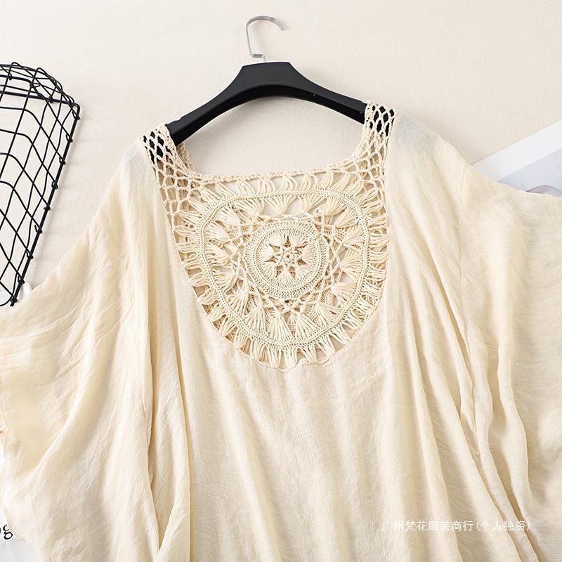 Cross-border new holiday hook solid color stitching European and American beach skirt small tassel sunscreen short sexy beach blouse