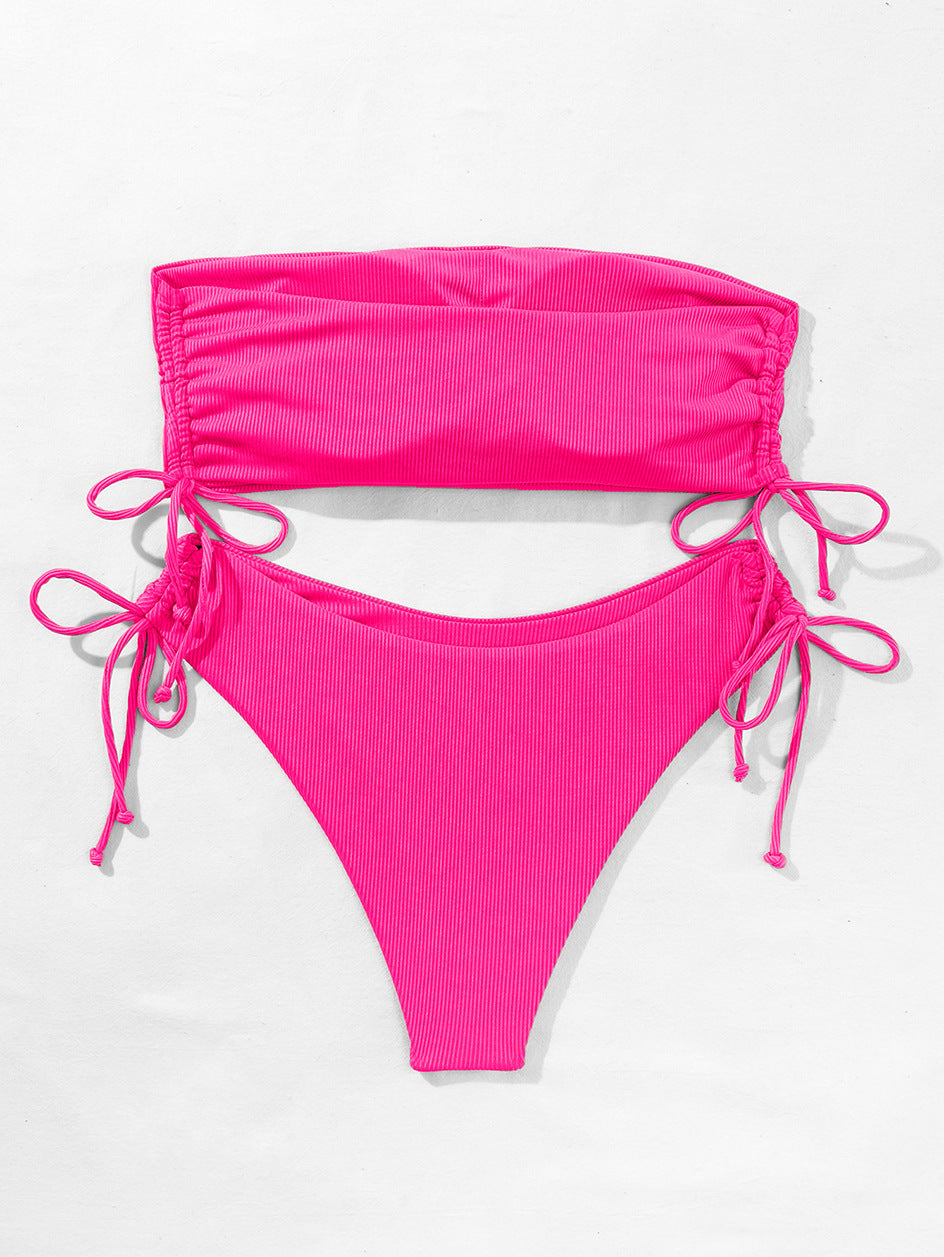 European and American Tube Top Bikini Swimsuit for Women 2024 New Pure Color Sexy Huludao Swimsuit Split Swimsuit High-End