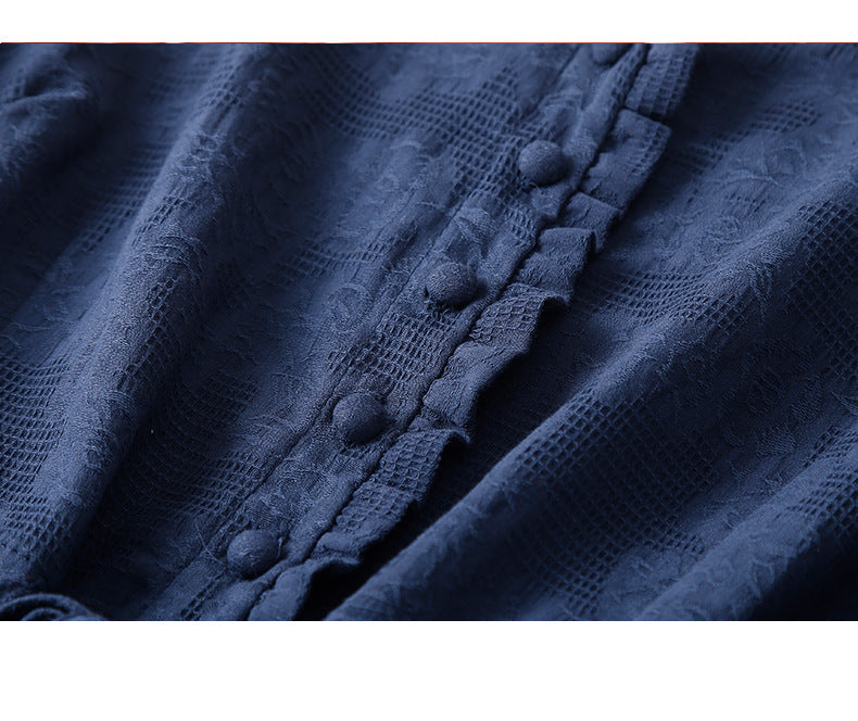 Ethnic Style Cotton and Linen Embroidered Dress Women's 2023 Summer Long Loose Style Lace Collar Short-Sleeved Over-the-Knee Long Dress