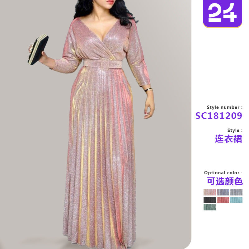 2025 Winter Cross-Border European and American African Women's Fashionable Long-Sleeved Bronzing Pleated Skirt with Belt Glitter Fabric