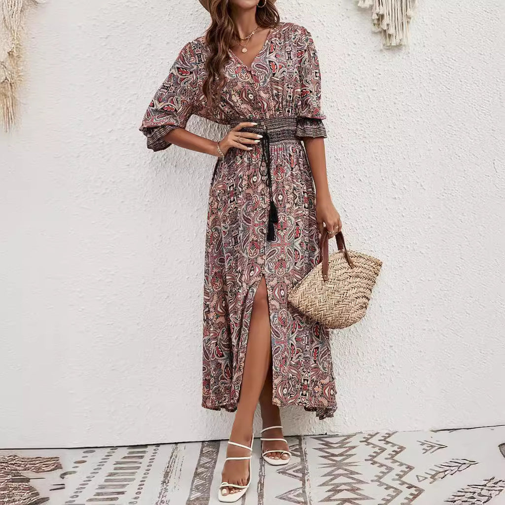 2025 Rayon Positioning Printed Three-Quarter Sleeve Waist Bohemian Women's Dress Vacation Buttoned Beach Skirt