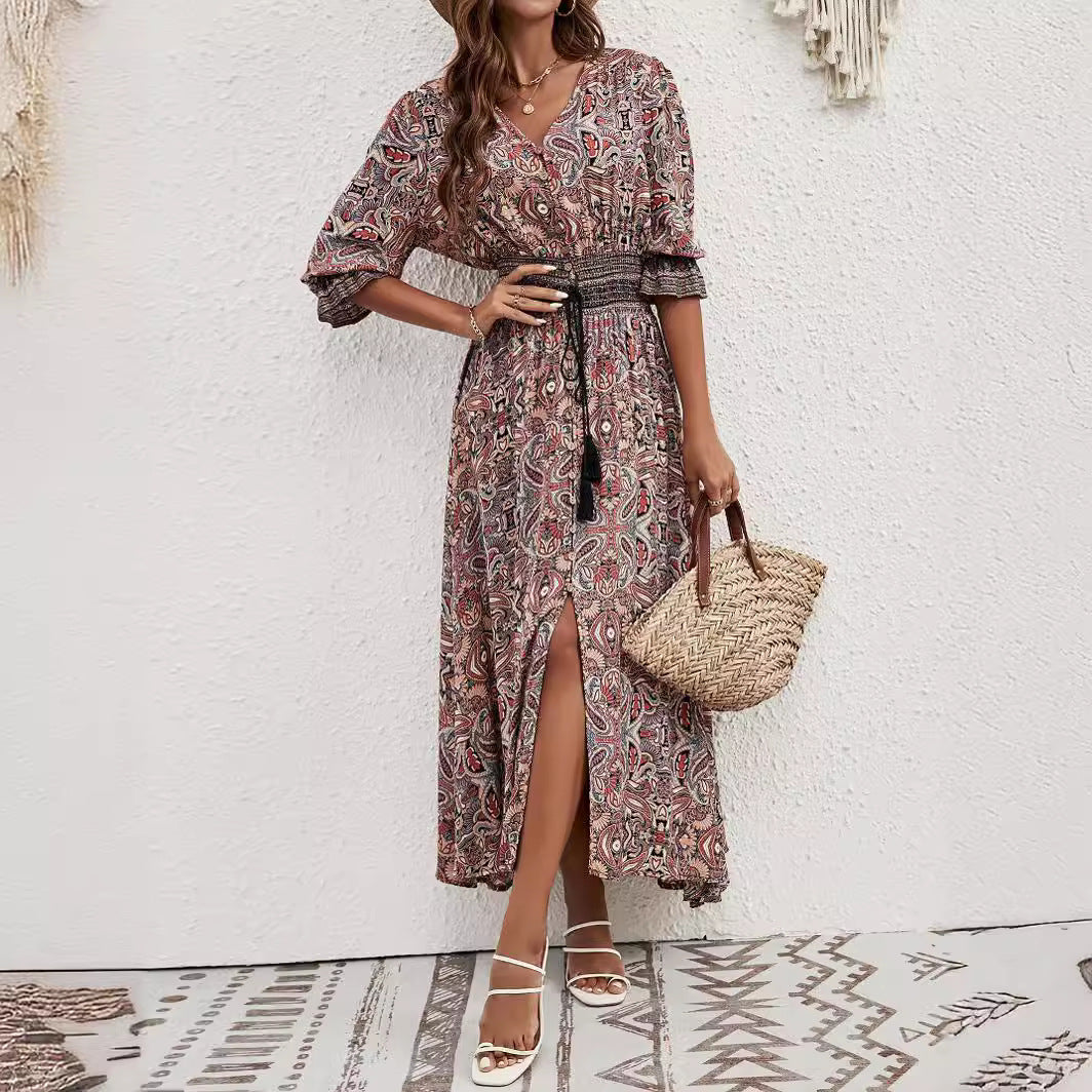 2025 Rayon Positioning Printed Three-Quarter Sleeve Waist Bohemian Women's Dress Vacation Buttoned Beach Skirt