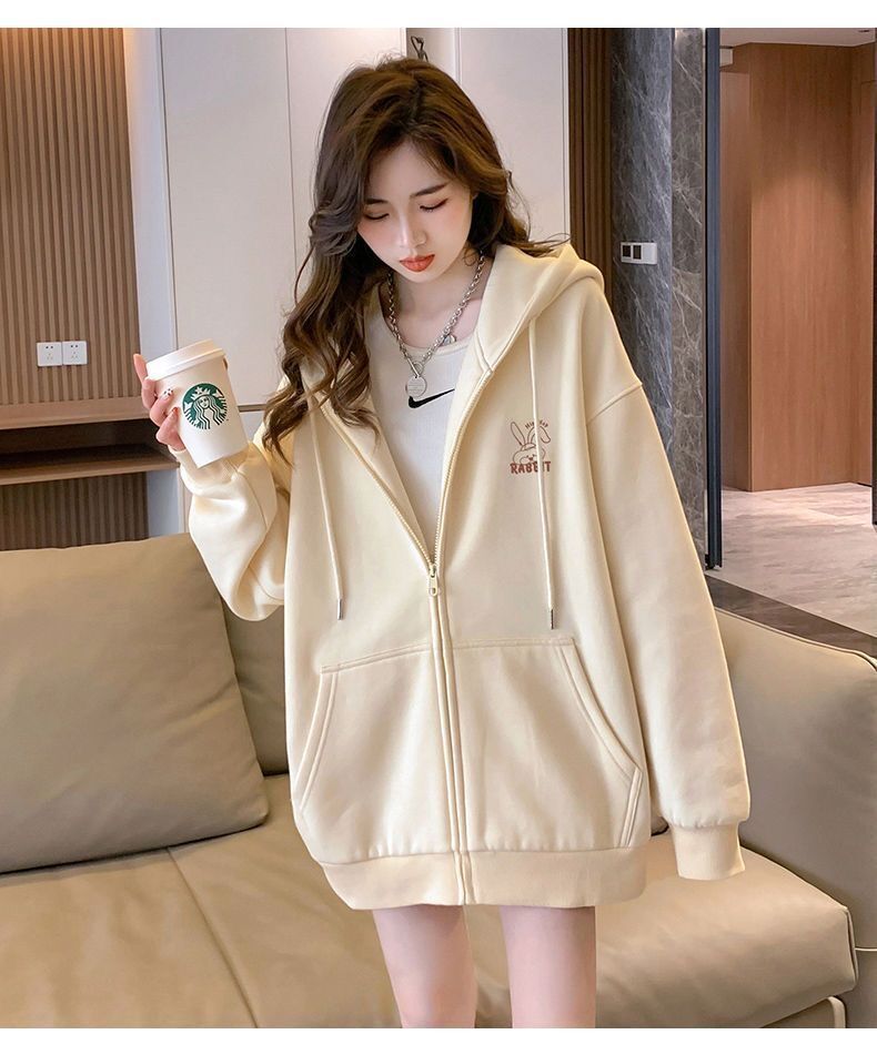 Embroidered Pattern Hooded Sweatshirt Girls' Cardigan Jacket 2026 Spring, Autumn and Winter New Style Lazy Style Loose Long-Sleeved Top