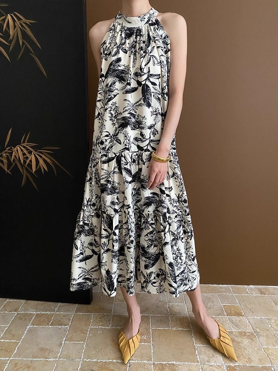 French Ink Print Sling dress Summer 2024 New Elegant Cool Beach Seaside Holiday Midi Dress